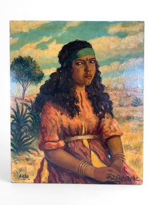 an oil painting of a woman sitting in a field