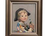 an oil painting of a young boy holding a flower in his hand