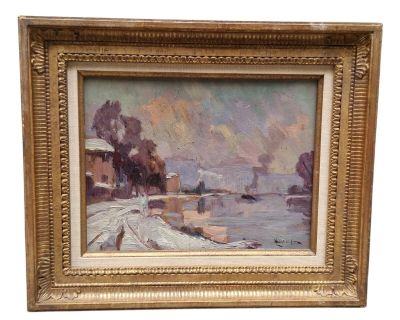 une image d'une peinture représentant une scène de plage avec un bateau dans l'eau