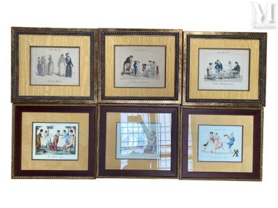 four framed pictures of people and a dog in a living room
