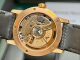 a close up of a gold watch with a black strap
