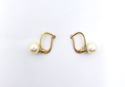 a pair of pearl earrings on a white background