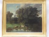 un tableau représentant un homme à cheval au bord d'un ruisseau