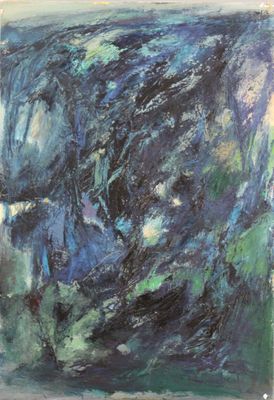 une peinture abstraite aux couleurs bleues et vertes sur fond blanc