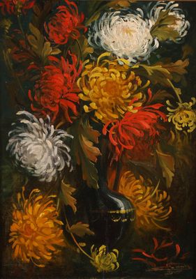 tableau représentant des fleurs dans un vase noir posé sur une table