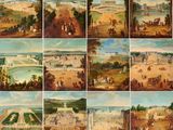 a collage of nine paintings of the gardens of the palace of versailles
