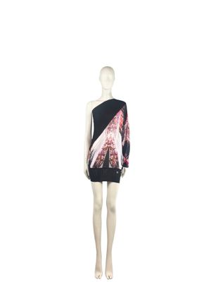 an image of a mannequin dressed in a black and pink dress