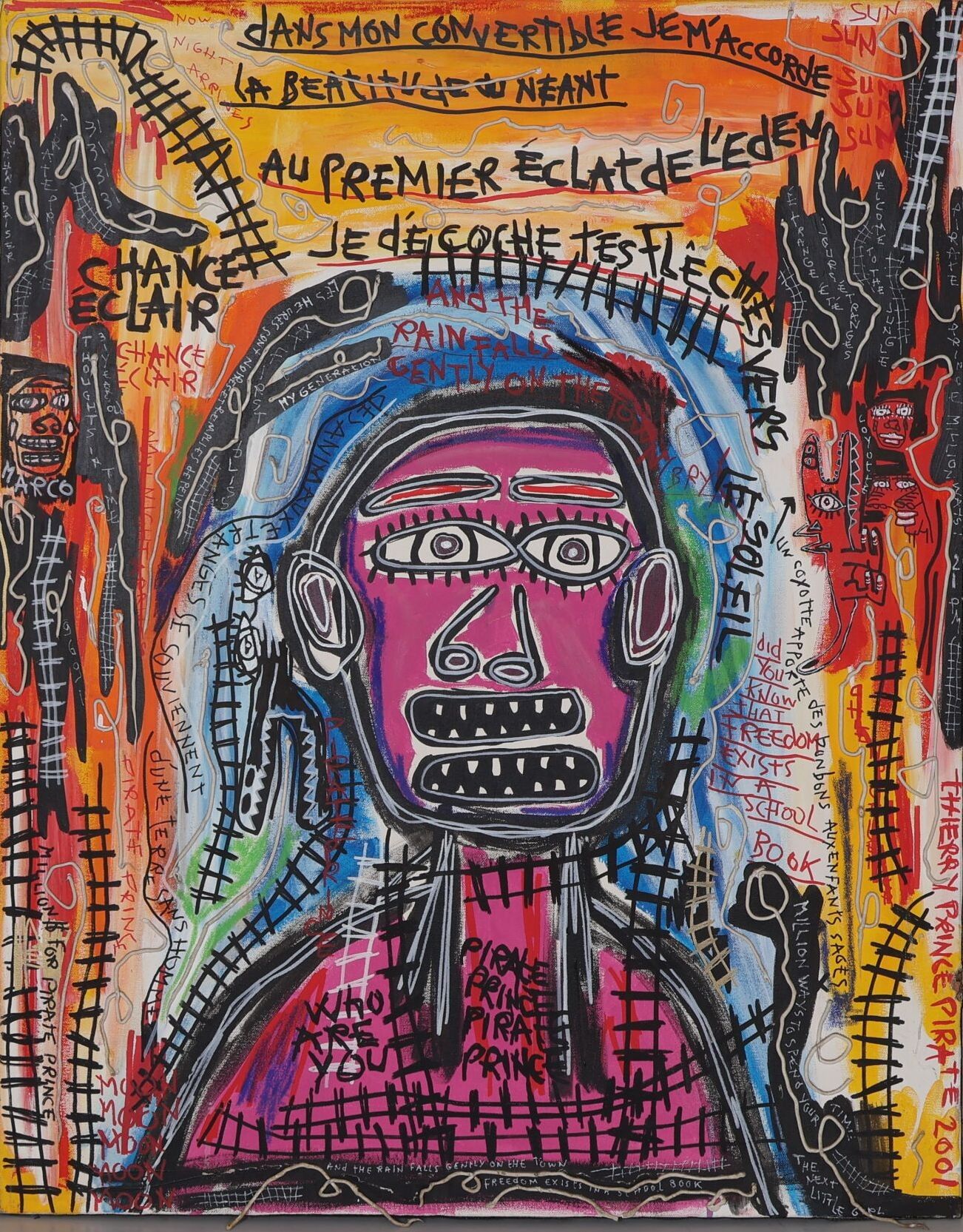 Thierry RASINE (XXème siècle). Au premier éclat de l'Eden, je décoche tes flèches. Technique mixte sur toile, signée ...
