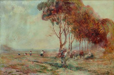 tableau représentant un groupe de vaches paissant dans un champ, avec des arbres en arrière-plan