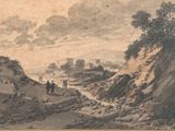 a drawing of a landscape with people walking on the side of a hill