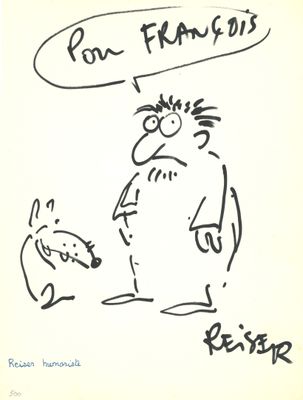 dessin humoristique représentant un homme avec un chien et une bulle au-dessus de sa tête