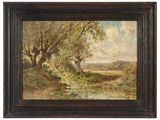 a painting of a landscape with trees and water