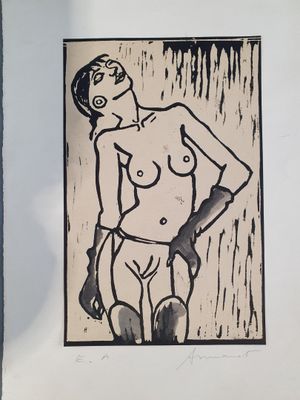 dessin représentant une femme nue tenant un pistolet dans la main droite