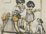 un dessin représentant un garçon et une fille jouant avec un chien