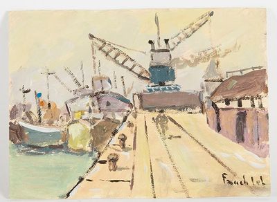 une peinture représentant un bateau dans l'eau près d'un quai