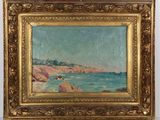 une peinture à l'huile représentant une scène de plage avec des rochers et un plan d'eau