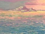 an oil painting of a sunset over a body of water