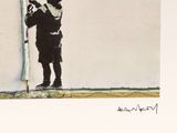 painting of a man holding a sign with a spray painted image of a man holding a sign