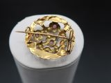 an image of a gold broochle with a pink stone in it