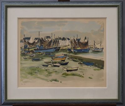 a picture of a painting of boats in the water