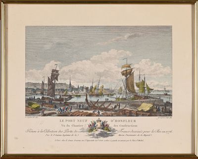 painting of a view of a harbor with ships in the water