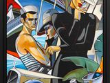 tableau représentant un homme et une femme dans une voiture, avec un homme coiffé d'un chapeau