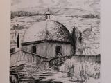 an image of a drawing of a barn in a field