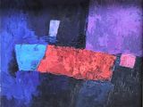 abstract painting of a red and blue rectangle on a black background