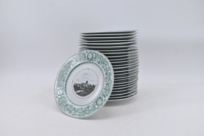 a stack of plates with a picture of a man on them