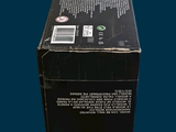 a black box with a label on it on a blue background