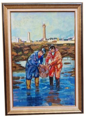 peinture à l'huile représentant trois personnes debout dans un plan d'eau, avec un phare en arrière-plan