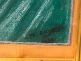 un tableau représentant un homme sur une planche de surf, chevauchant une vague