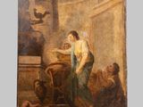 une peinture à l'huile représentant une femme dans une pièce en compagnie d'autres personnes