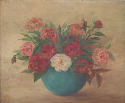 une peinture de fleurs dans un vase bleu sur une table