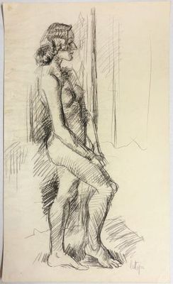 un dessin représentant une femme assise sur un tabouret dans une pièce