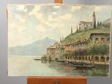 a picture of a painting on a easel with a boat in the water