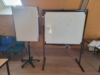 un tableau blanc posé sur un support dans une pièce