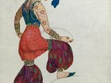 a drawing of a woman in a colorful outfit and hat
