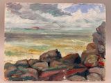 une peinture à l'huile représentant des rochers sur une plage, avec l'océan en arrière-plan