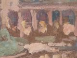 a painting of a building with a fountain in the foreground