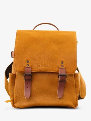 a yellow backpack on a white background with a brown handle
