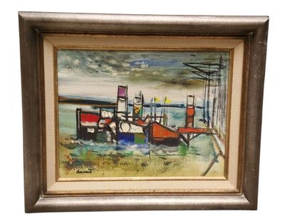 peinture représentant un bateau amarré à un quai par temps nuageux