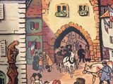 a picture of a painting of a town with people and horses