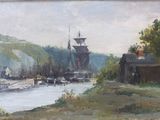 une peinture représentant une scène portuaire avec des bateaux dans l'eau
