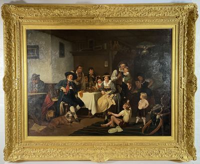 painting of a group of people sitting around a table in a room