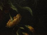 painting of flowers in a vase on a table next to a candle