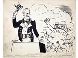 drawing of a cartoon of a man in a tuxedo with a top hat on his head