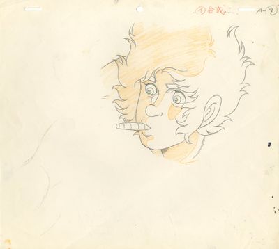 dessin représentant le visage d'un homme avec une cigarette dans la bouche et une autre qui dépasse de sa bouche
