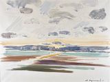 une image représentant un tableau où l'on voit un ciel nuageux au-dessus d'une plage