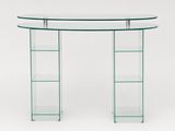 a glass desk with shelves and a glass shelf on top